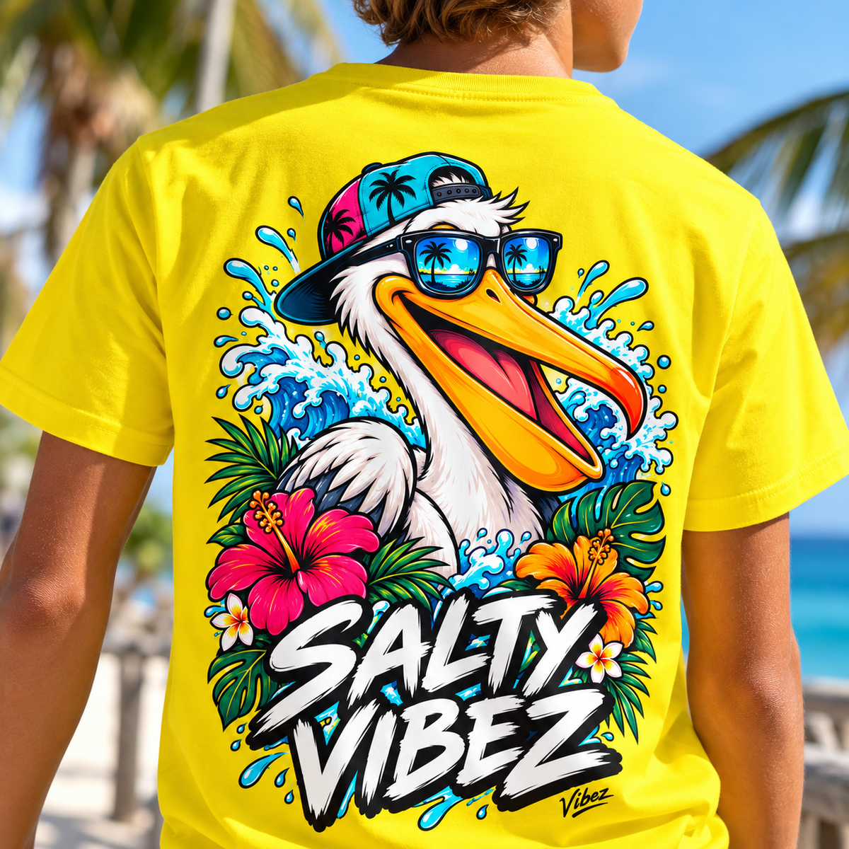 Salty Vibez Pelican Tee, Kids Jersey | Tropical Beach Surf Design
