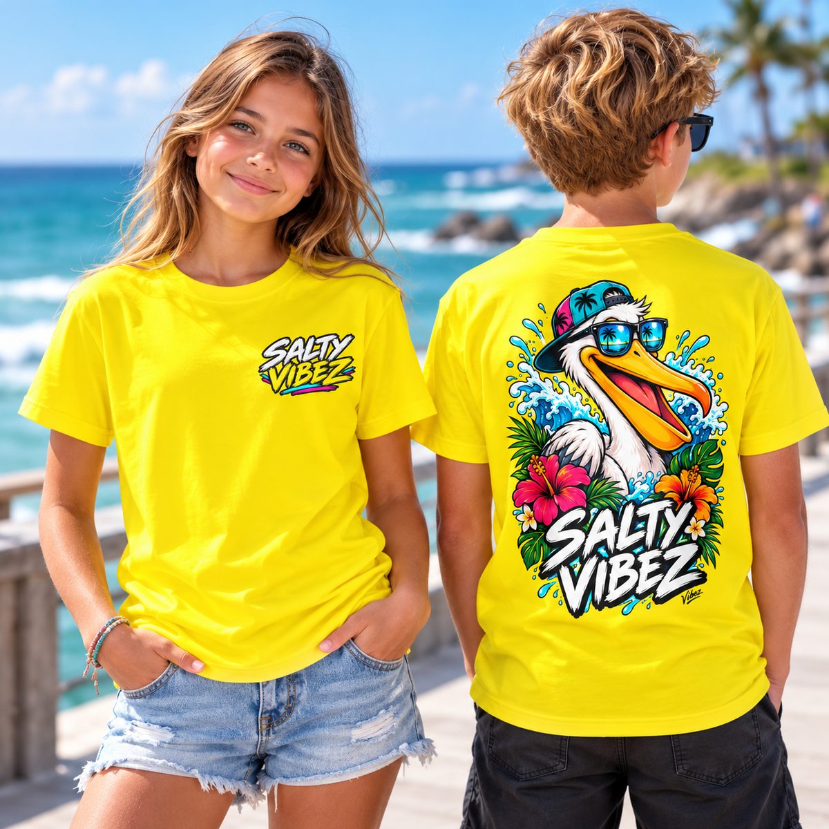 Salty Vibez Pelican Tee, Kids Jersey | Tropical Beach Surf Design