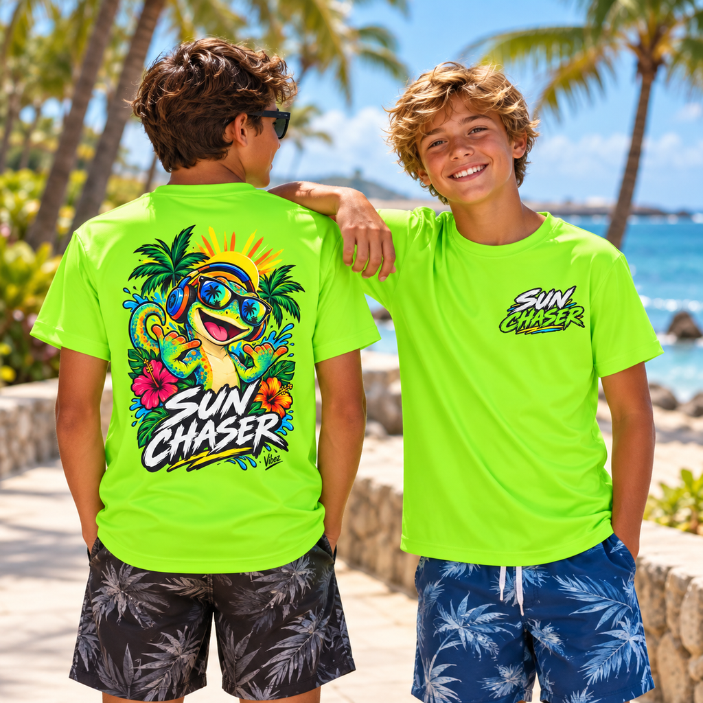 Sun Chaser Gecko Kids Jersey | Neon Tropical Surf Shirt