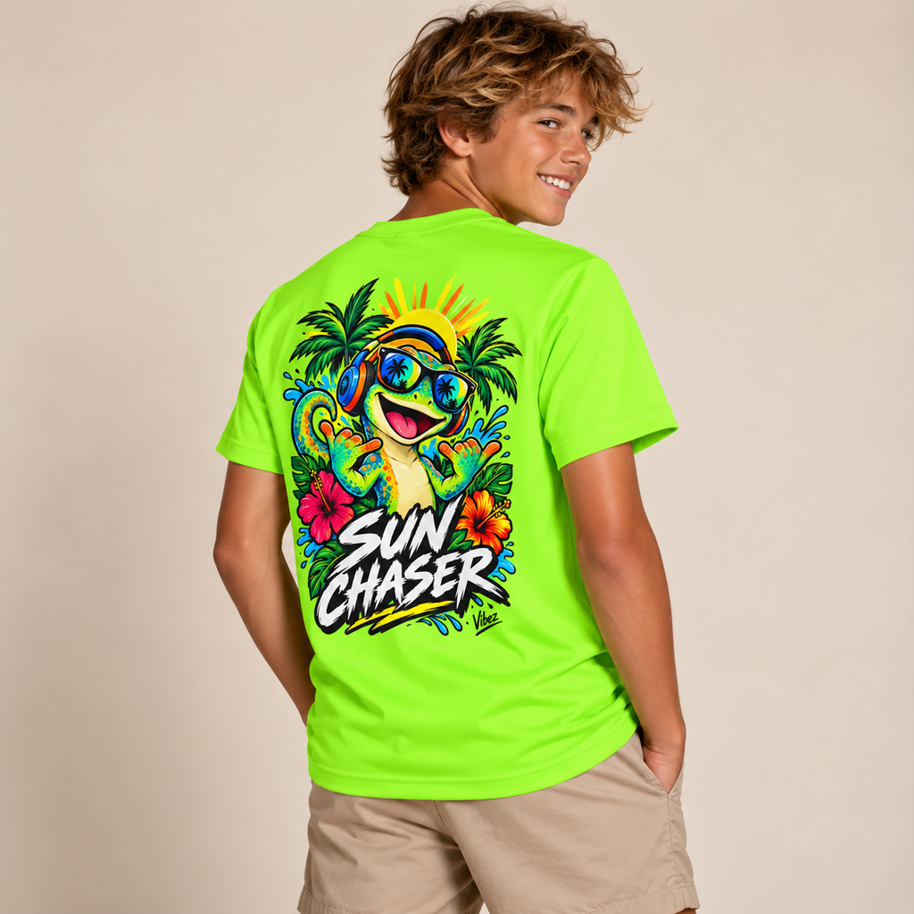 Sun Chaser Gecko Kids Jersey | Neon Tropical Surf Shirt
