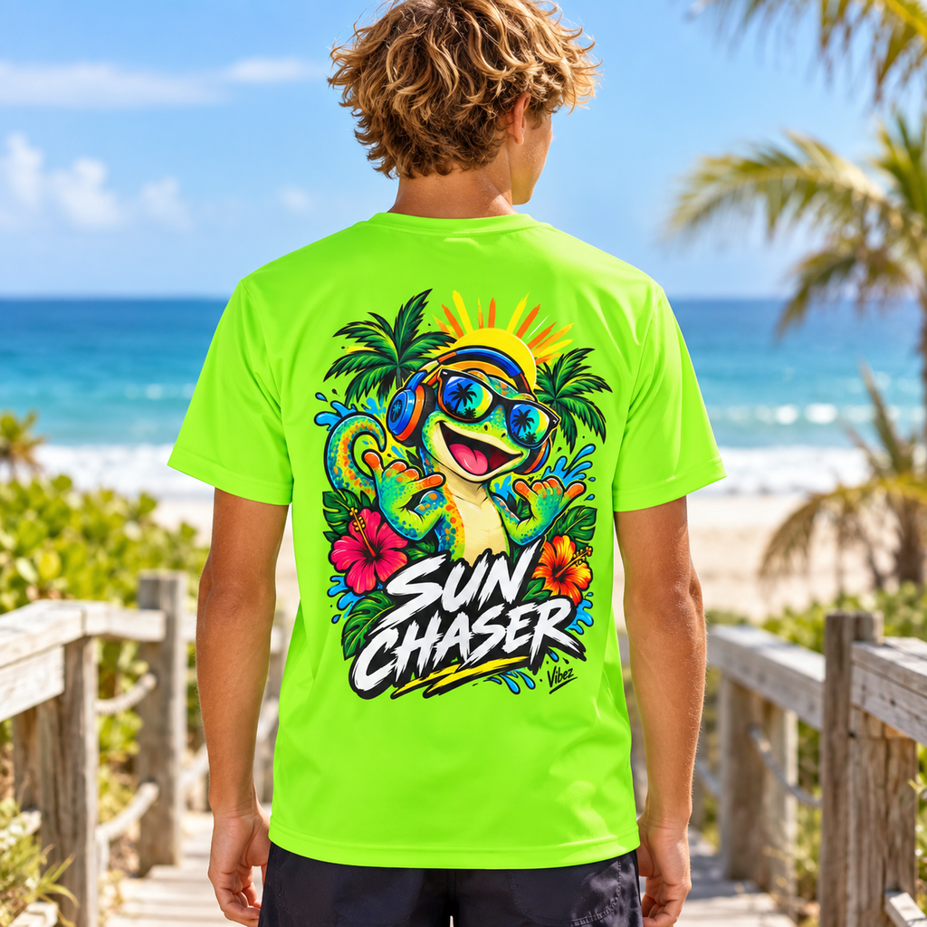 Sun Chaser Gecko Kids Jersey | Neon Tropical Surf Shirt