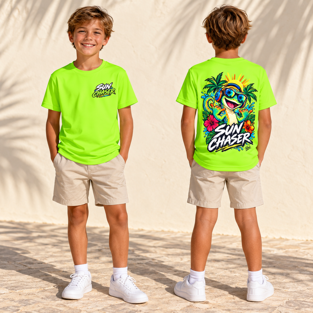 Sun Chaser Gecko Kids Jersey | Neon Tropical Surf Shirt