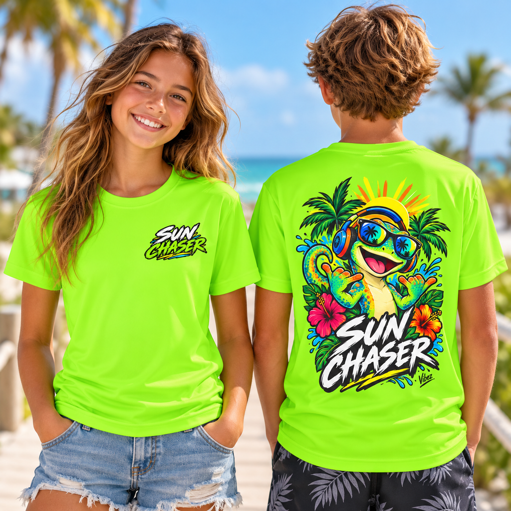 Sun Chaser Gecko Kids Jersey | Neon Tropical Surf Shirt