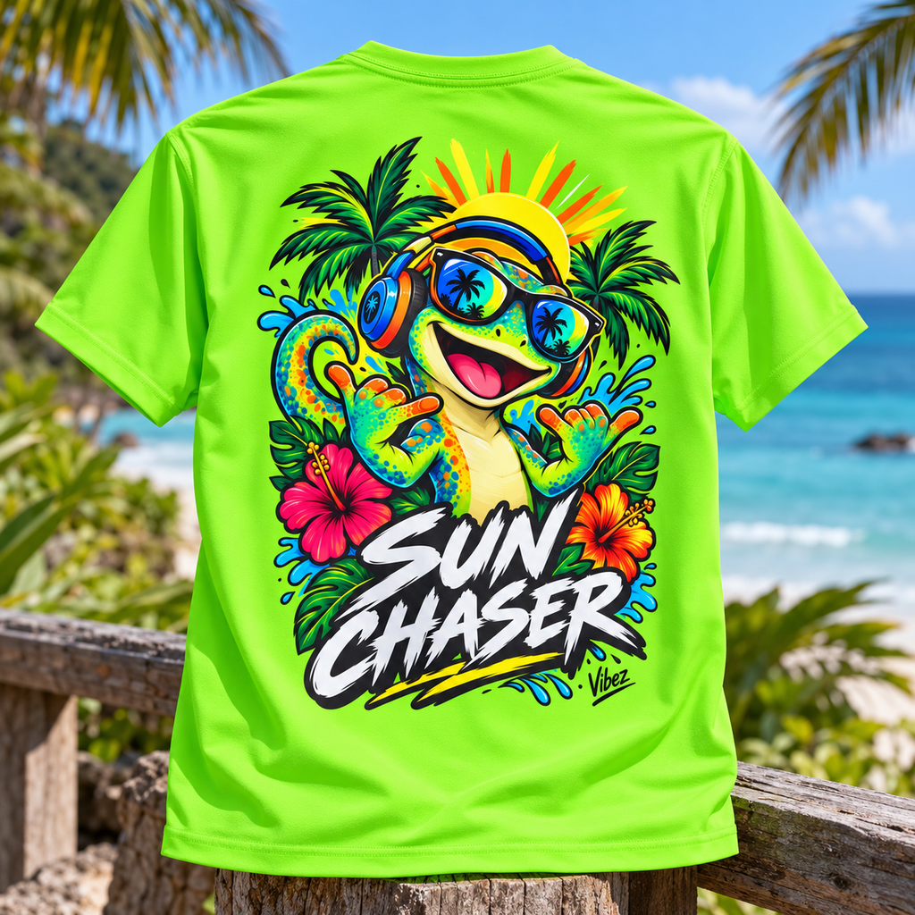 Sun Chaser Gecko Kids Jersey | Neon Tropical Surf Shirt