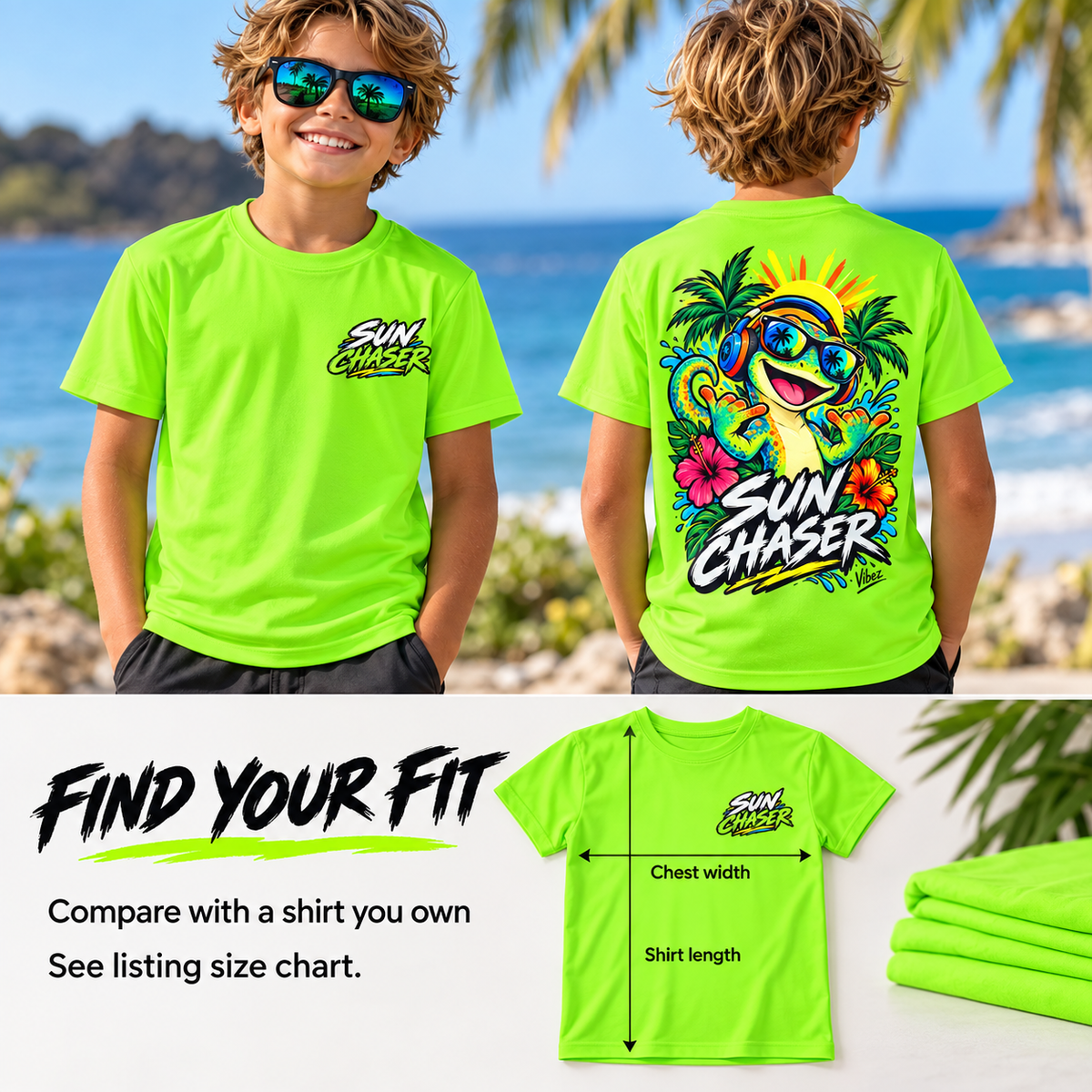 Sun Chaser Gecko Kids Jersey | Neon Tropical Surf Shirt