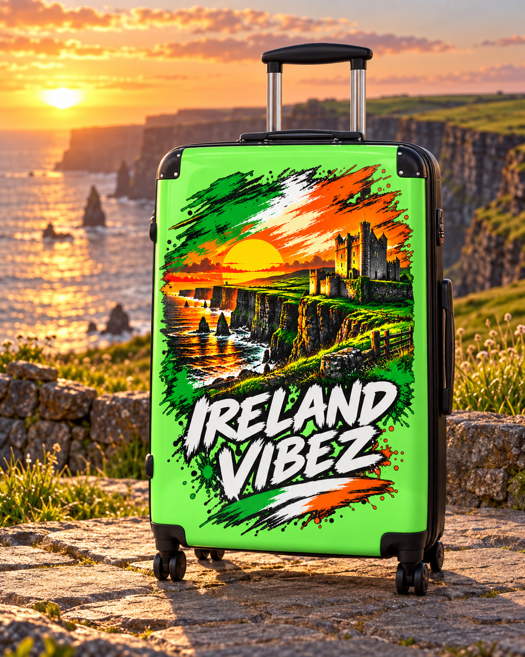 Ireland Vibez Suitcase | Cliffs, Castle Sunset Travel Luggage