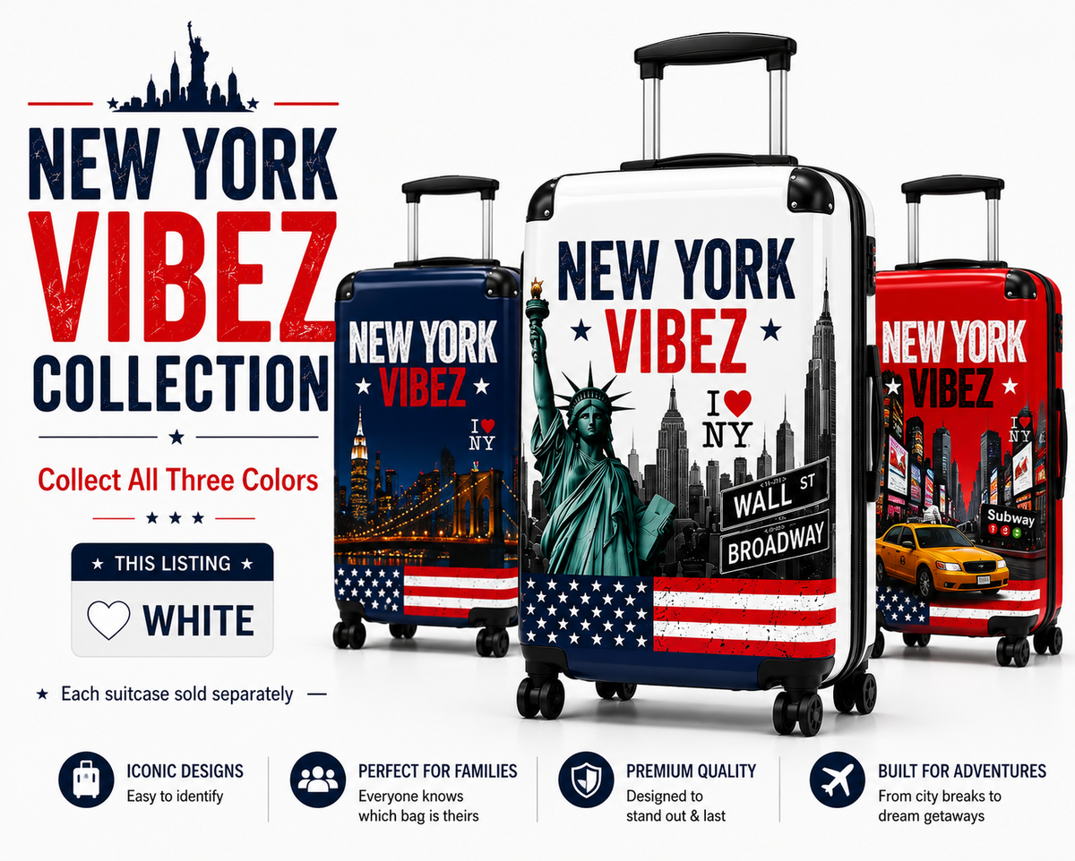 New York Suitcase | White NYC Hard Shell Carry On Luggage | Travel Suitcase | New York Vibez Collection  | Gift for Travelers