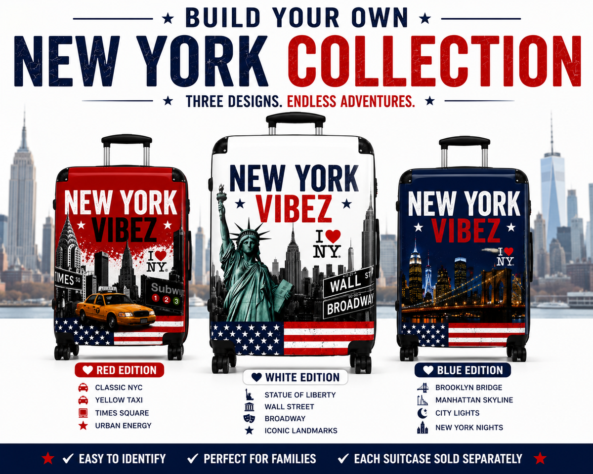 New York Suitcase | White NYC Hard Shell Carry On Luggage | Travel Suitcase | New York Vibez Collection  | Gift for Travelers