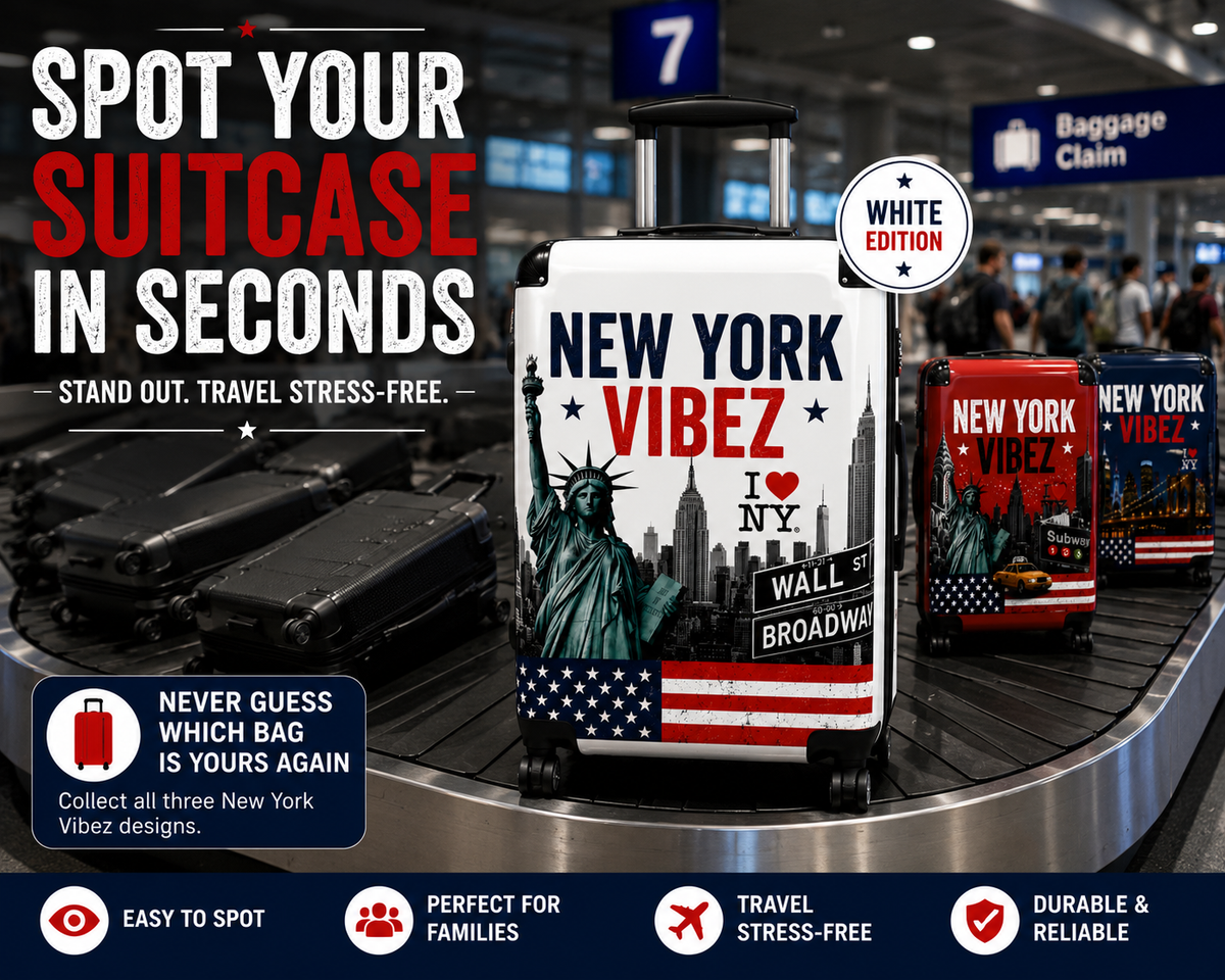 New York Suitcase | White NYC Hard Shell Carry On Luggage | Travel Suitcase | New York Vibez Collection  | Gift for Travelers