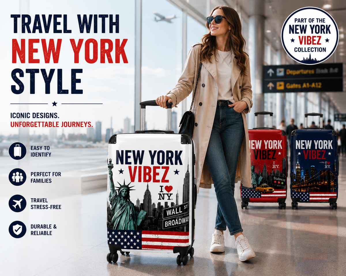 New York Suitcase | White NYC Hard Shell Carry On Luggage | Travel Suitcase | New York Vibez Collection  | Gift for Travelers