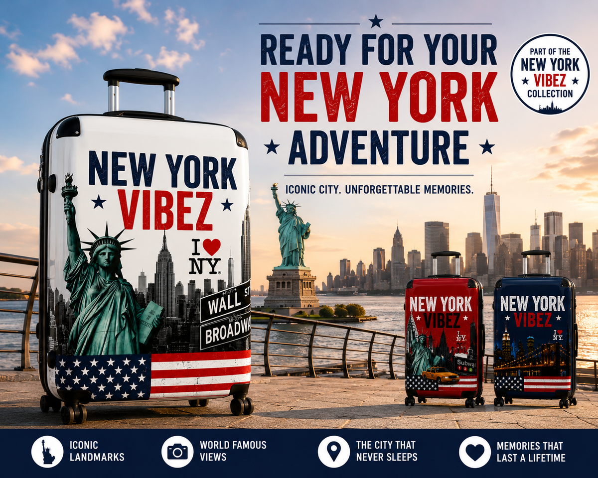 New York Suitcase | White NYC Hard Shell Carry On Luggage | Travel Suitcase | New York Vibez Collection  | Gift for Travelers