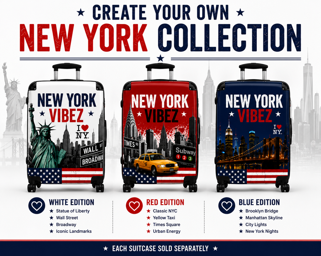 New York Suitcase | White NYC Hard Shell Carry On Luggage | Travel Suitcase | New York Vibez Collection  | Gift for Travelers