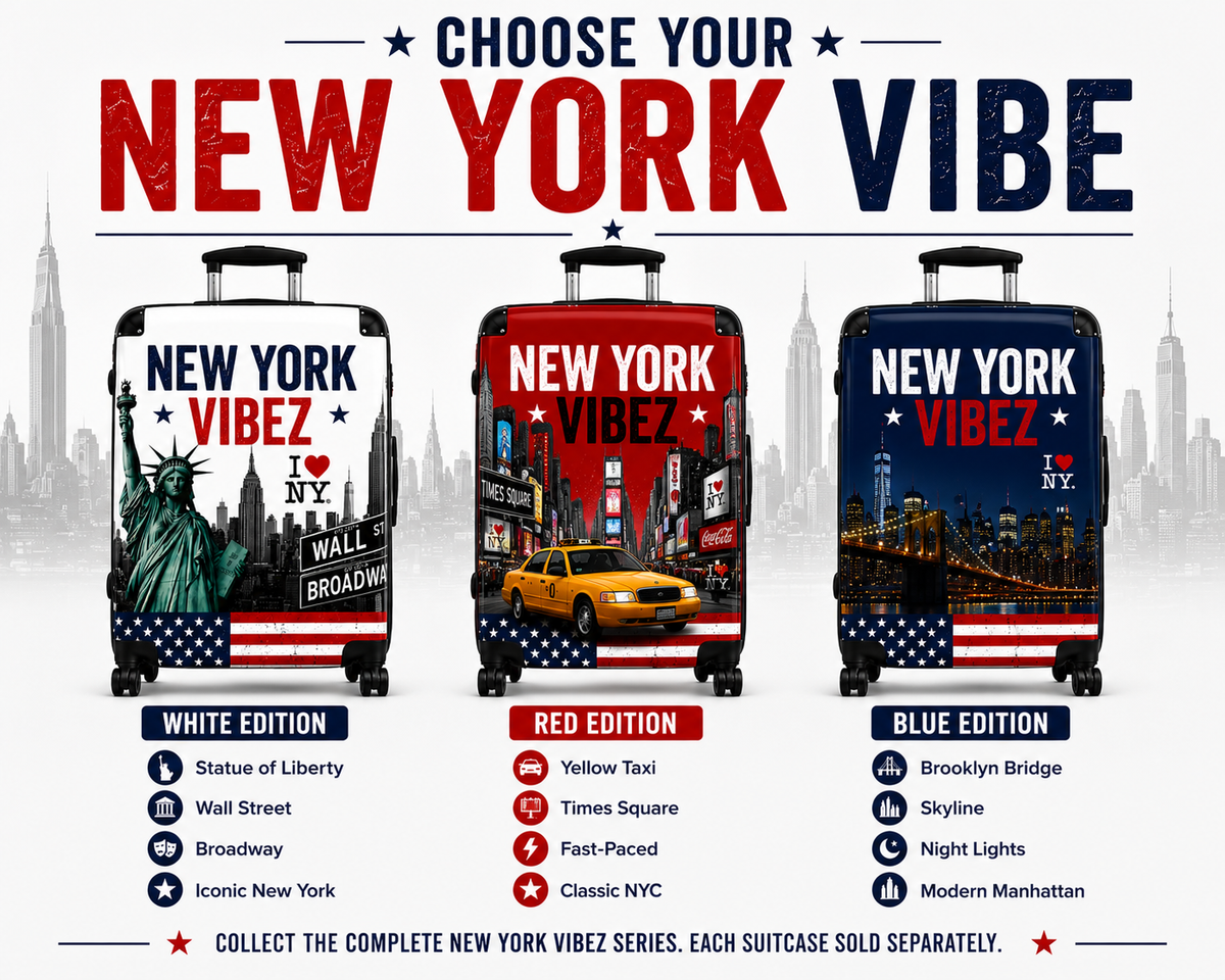 New York Suitcase | White NYC Hard Shell Carry On Luggage | Travel Suitcase | New York Vibez Collection  | Gift for Travelers