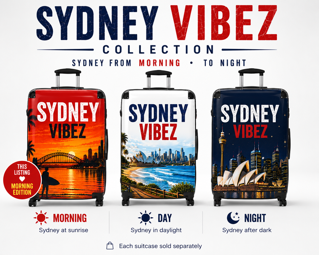 Sydney Vibez Suitcase | Red Morning Edition, Sydney Australia Travel Luggage | Harbour City Design | Unique Australian Travel Gift