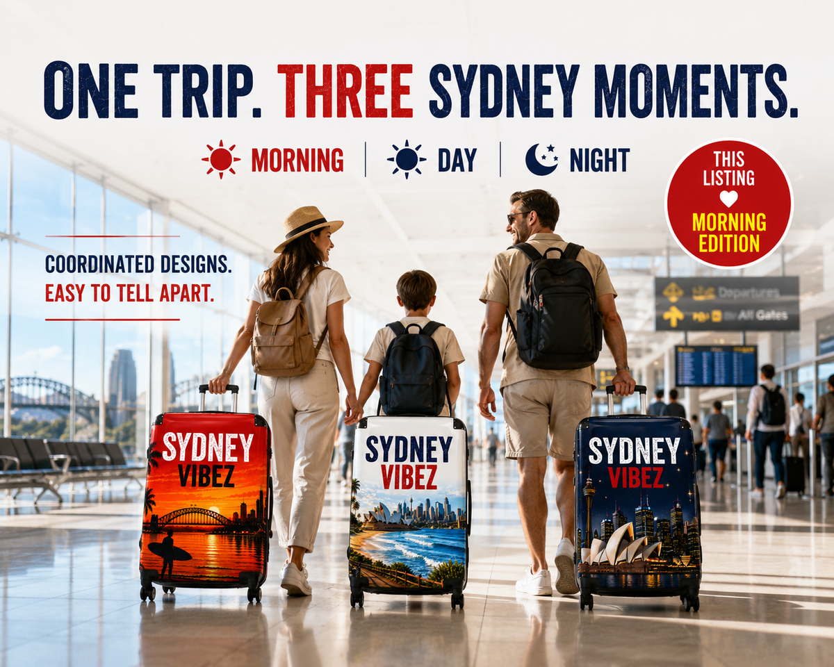 Sydney Vibez Suitcase | Red Morning Edition, Sydney Australia Travel Luggage | Harbour City Design | Unique Australian Travel Gift