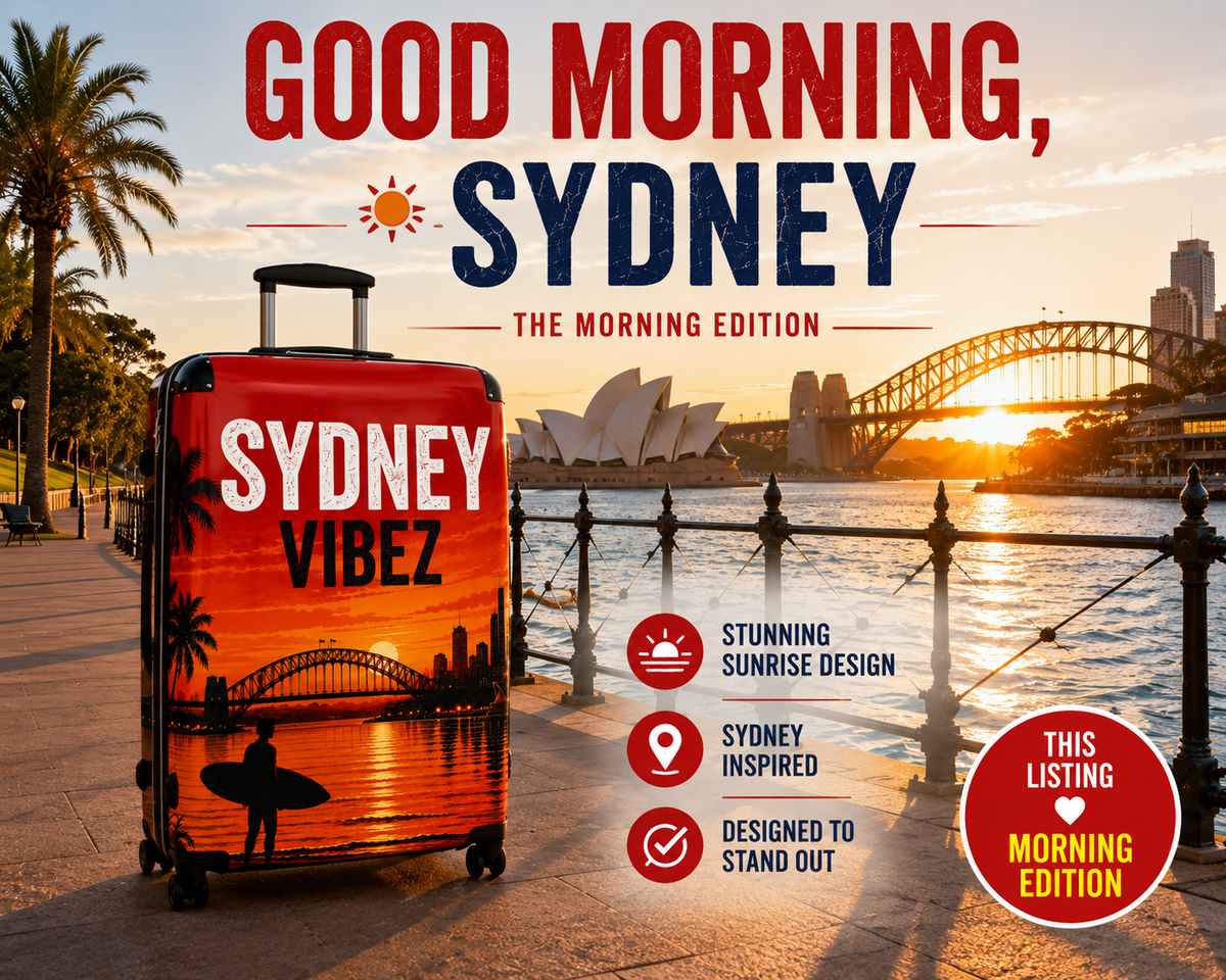 Sydney Vibez Suitcase | Red Morning Edition, Sydney Australia Travel Luggage | Harbour City Design | Unique Australian Travel Gift