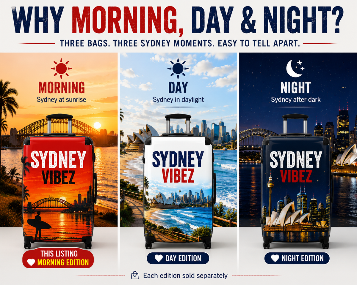 Sydney Vibez Suitcase | Red Morning Edition, Sydney Australia Travel Luggage | Harbour City Design | Unique Australian Travel Gift