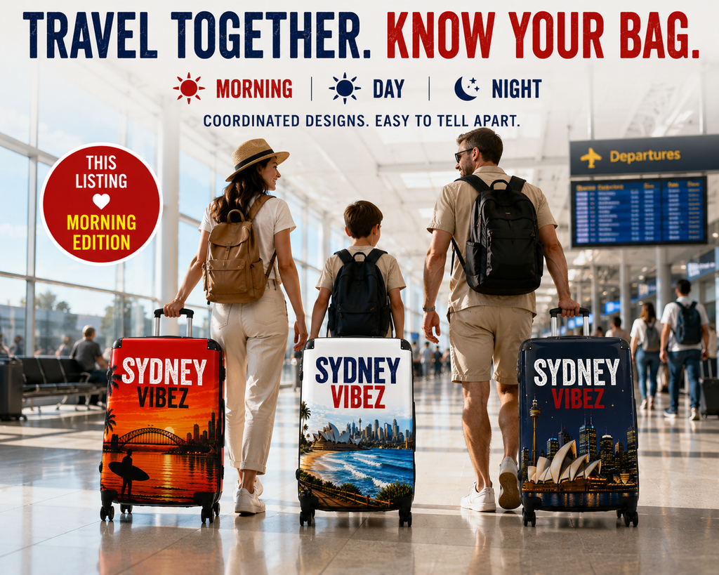 Sydney Vibez Suitcase | Red Morning Edition, Sydney Australia Travel Luggage | Harbour City Design | Unique Australian Travel Gift
