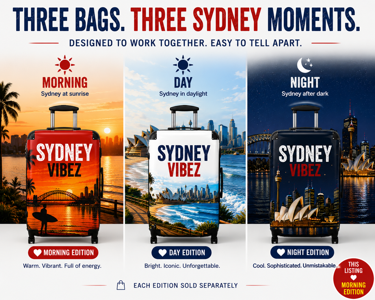 Sydney Vibez Suitcase | Red Morning Edition, Sydney Australia Travel Luggage | Harbour City Design | Unique Australian Travel Gift