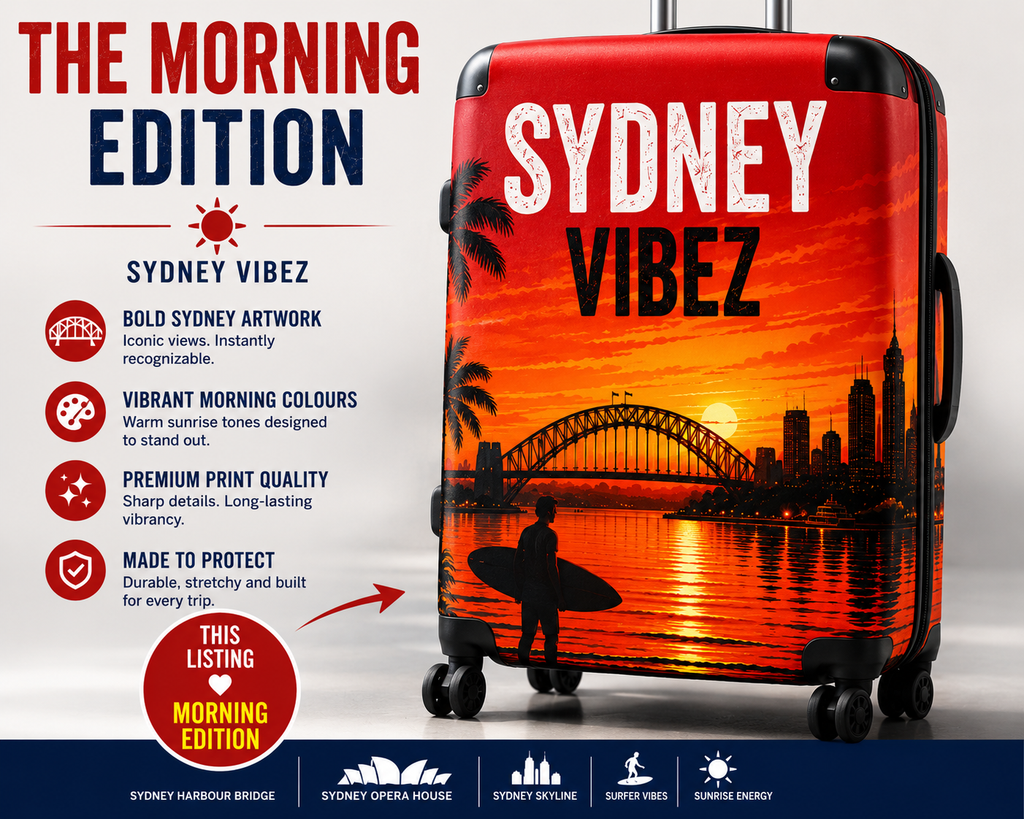 Sydney Vibez Suitcase | Red Morning Edition, Sydney Australia Travel Luggage | Harbour City Design | Unique Australian Travel Gift