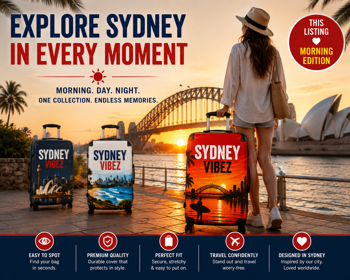 Sydney Vibez Suitcase | Red Morning Edition, Sydney Australia Travel Luggage | Harbour City Design | Unique Australian Travel Gift