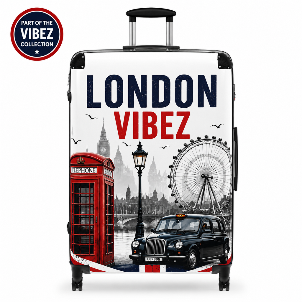 London Vibez Suitcase, London Travel Luggage, Hard Shell Carry On, UK Landmark Suitcase, Unique Gift for Travelers, Spinner Luggage