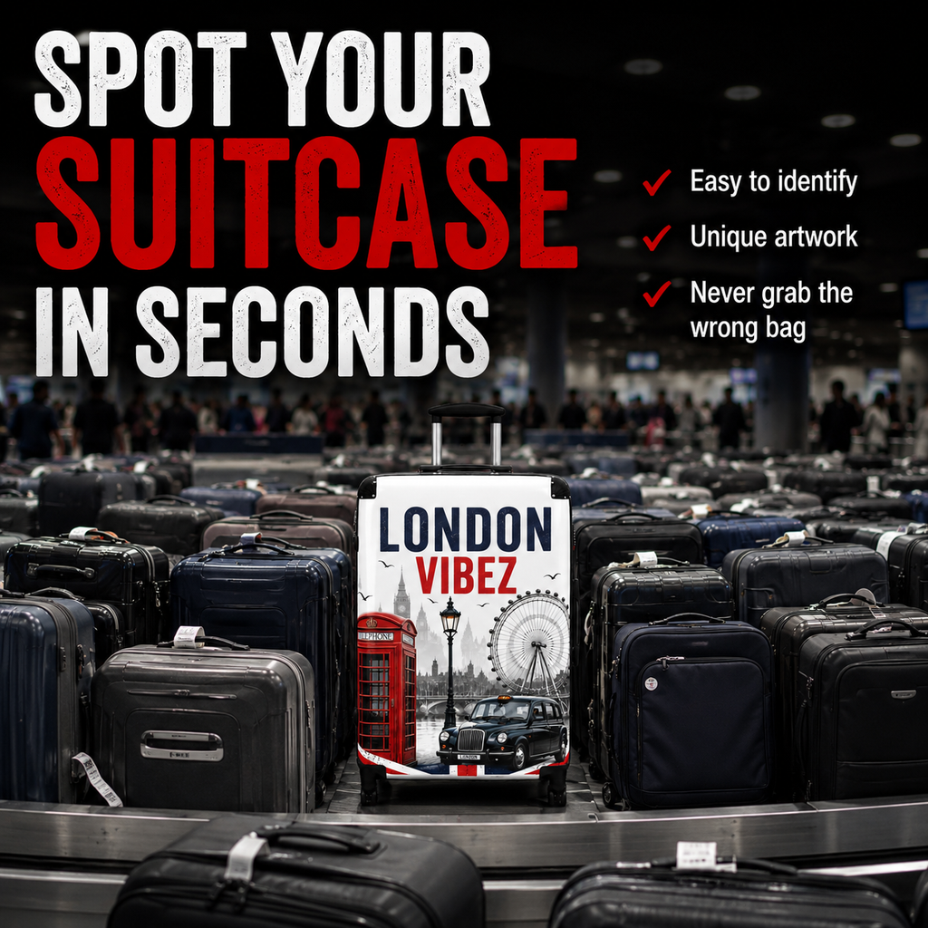 London Vibez Suitcase, London Travel Luggage, Hard Shell Carry On, UK Landmark Suitcase, Unique Gift for Travelers, Spinner Luggage