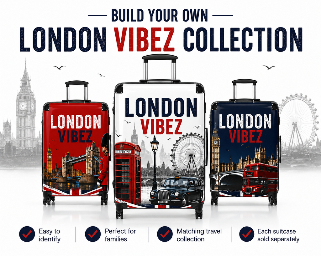 London Vibez Suitcase, London Travel Luggage, Hard Shell Carry On, UK Landmark Suitcase, Unique Gift for Travelers, Spinner Luggage