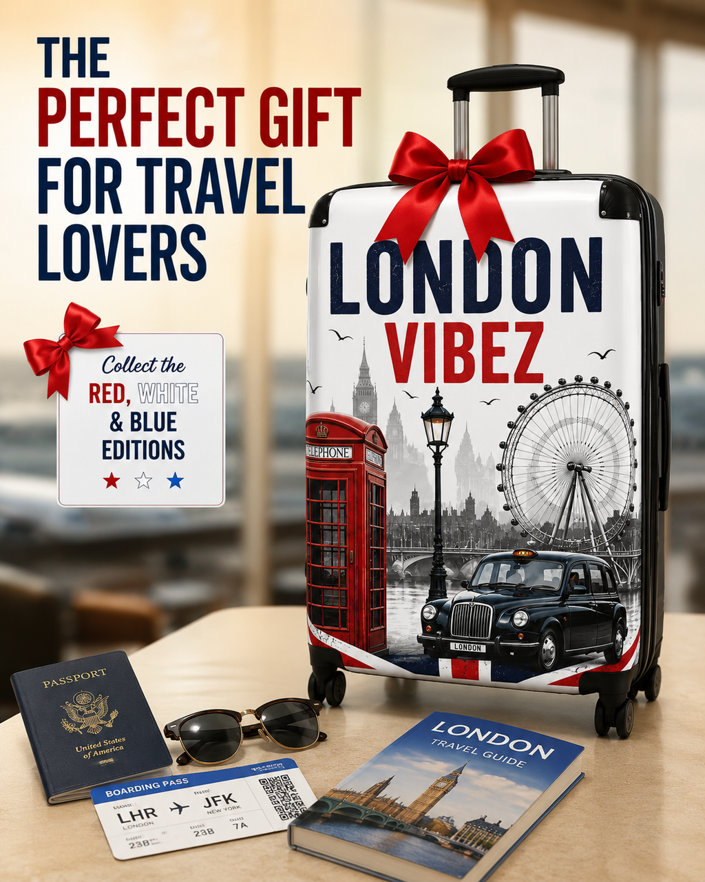 London Vibez Suitcase, London Travel Luggage, Hard Shell Carry On, UK Landmark Suitcase, Unique Gift for Travelers, Spinner Luggage