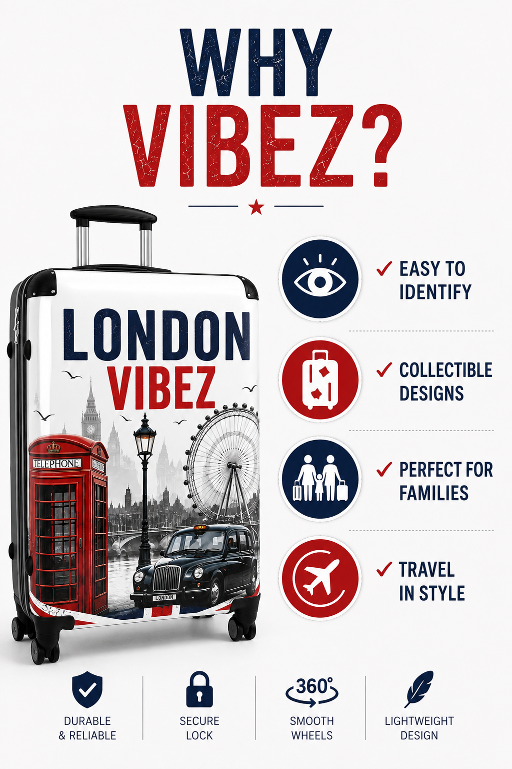 London Vibez Suitcase, London Travel Luggage, Hard Shell Carry On, UK Landmark Suitcase, Unique Gift for Travelers, Spinner Luggage