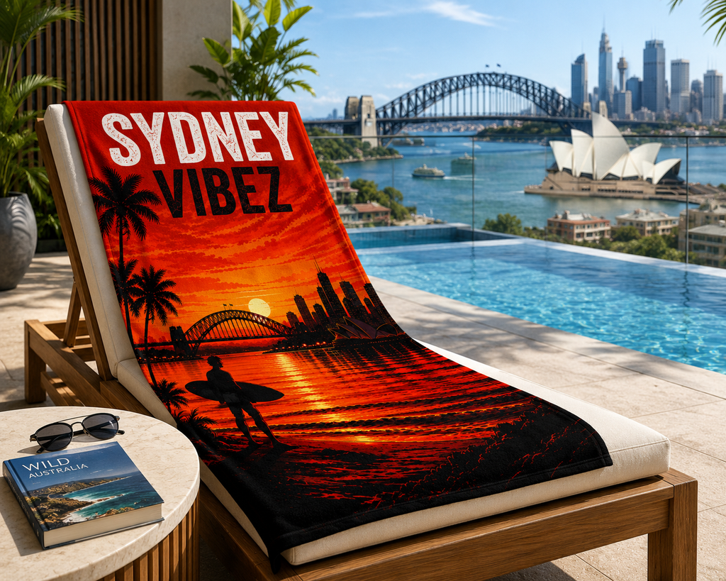 Sydney Australia Towel, Sydney Vibez Travel Towel, Australian Gift, Harbour Bridge Opera House Towel, Hotel Bath Pool Beach Towel