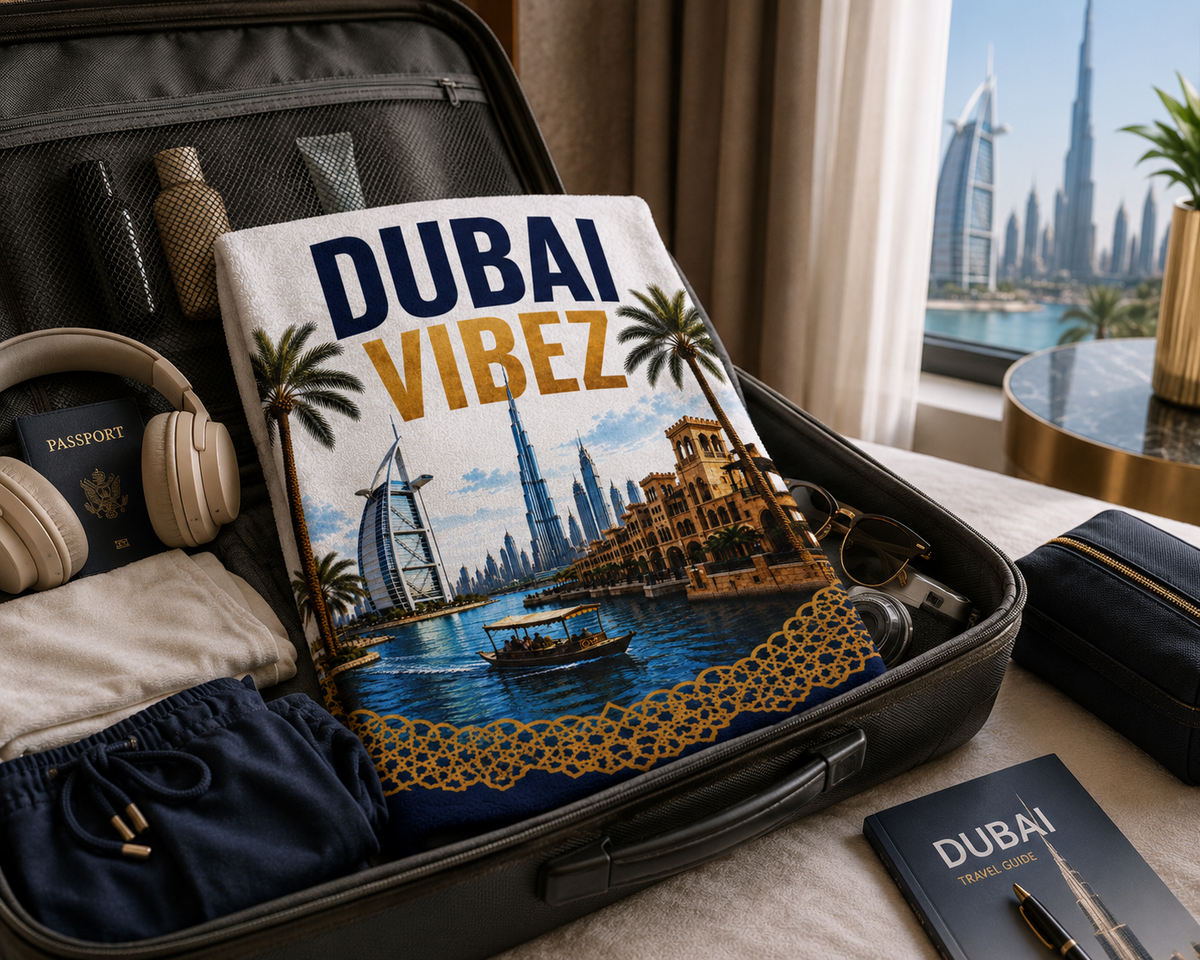 Dubai Vibez Towel, Dubai Travel Gift, UAE Bath Towel, Dubai Beach & Pool Towel, Hotel Shower Towel, Dubai Lover Gift, Travel Decor