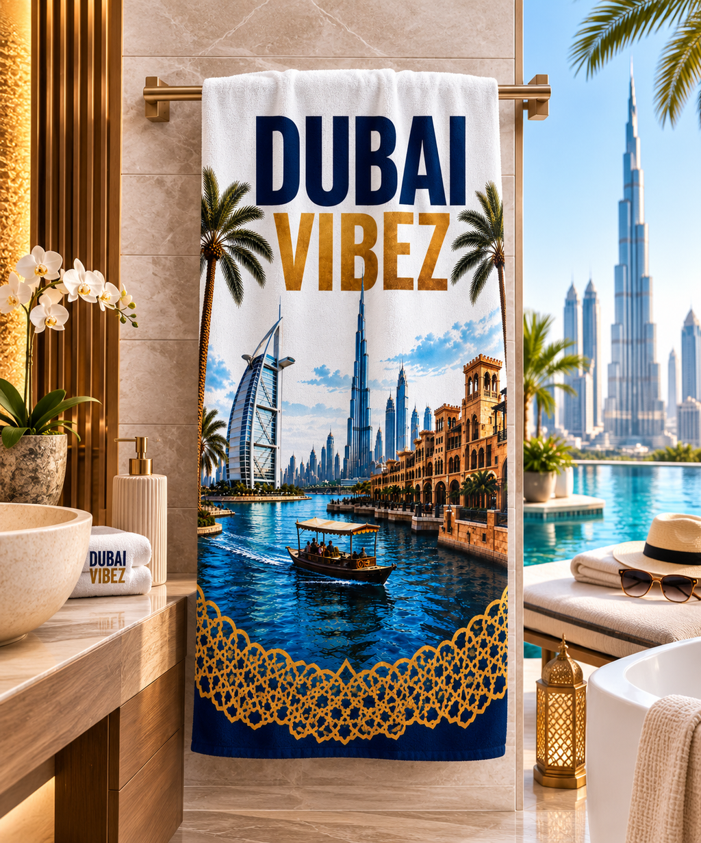 Dubai Vibez Towel, Dubai Travel Gift, UAE Bath Towel, Dubai Beach & Pool Towel, Hotel Shower Towel, Dubai Lover Gift, Travel Decor