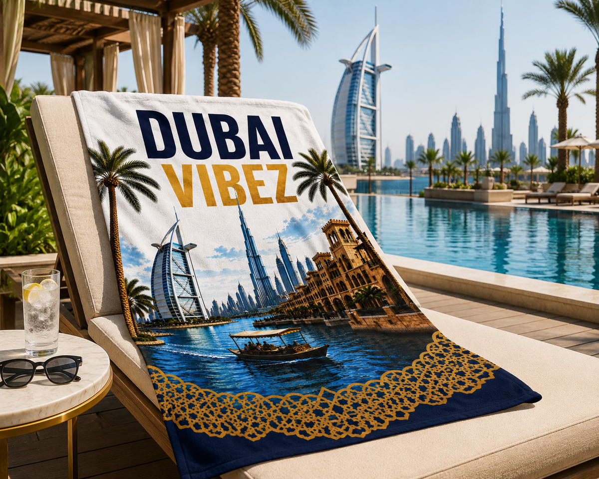 Dubai Vibez Towel, Dubai Travel Gift, UAE Bath Towel, Dubai Beach & Pool Towel, Hotel Shower Towel, Dubai Lover Gift, Travel Decor
