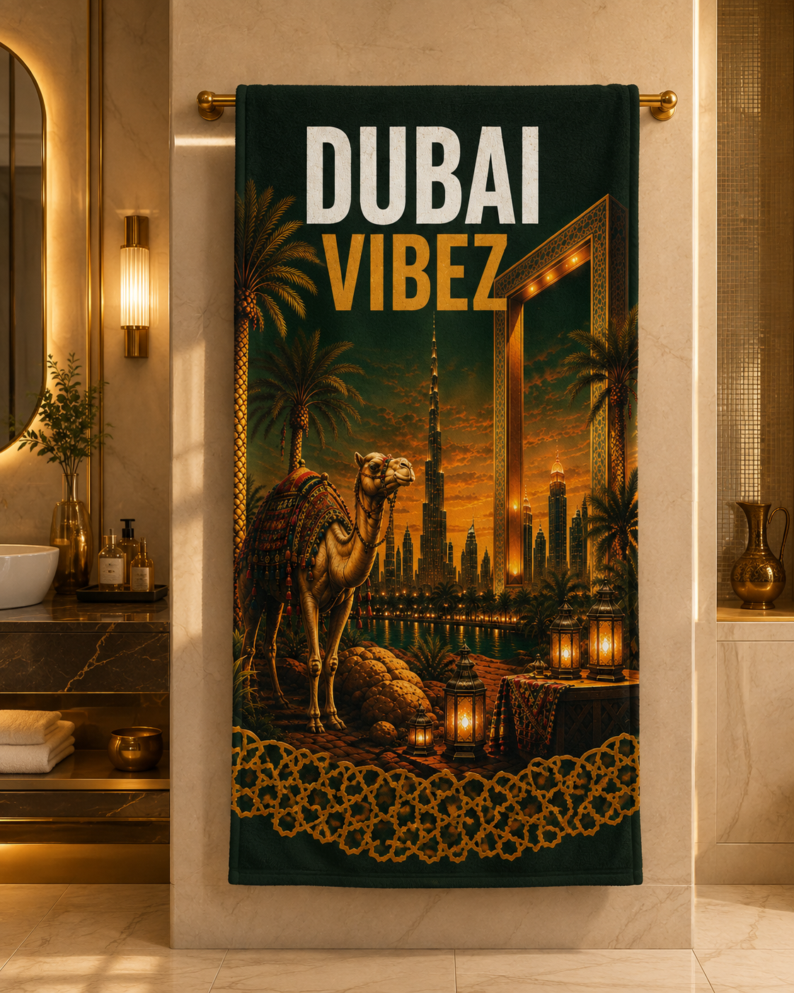 Dubai VIBEZ Towel, Dubai Travel Gift, UAE Souvenir Towel, Camel & Burj Khalifa Design, Bath Beach Pool Hotel Towel, Dubai Decor