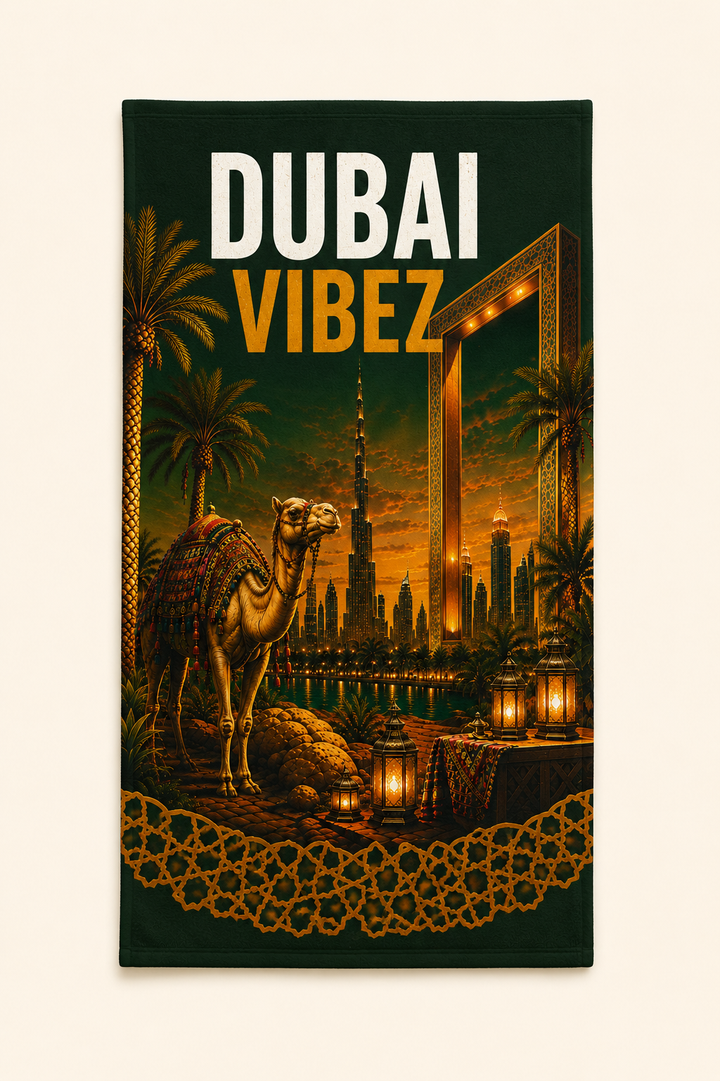 Dubai VIBEZ Towel, Dubai Travel Gift, UAE Souvenir Towel, Camel & Burj Khalifa Design, Bath Beach Pool Hotel Towel, Dubai Decor