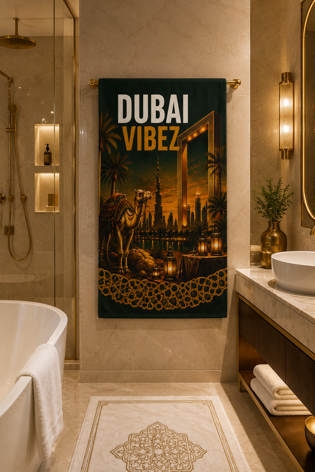 Dubai VIBEZ Towel, Dubai Travel Gift, UAE Souvenir Towel, Camel & Burj Khalifa Design, Bath Beach Pool Hotel Towel, Dubai Decor