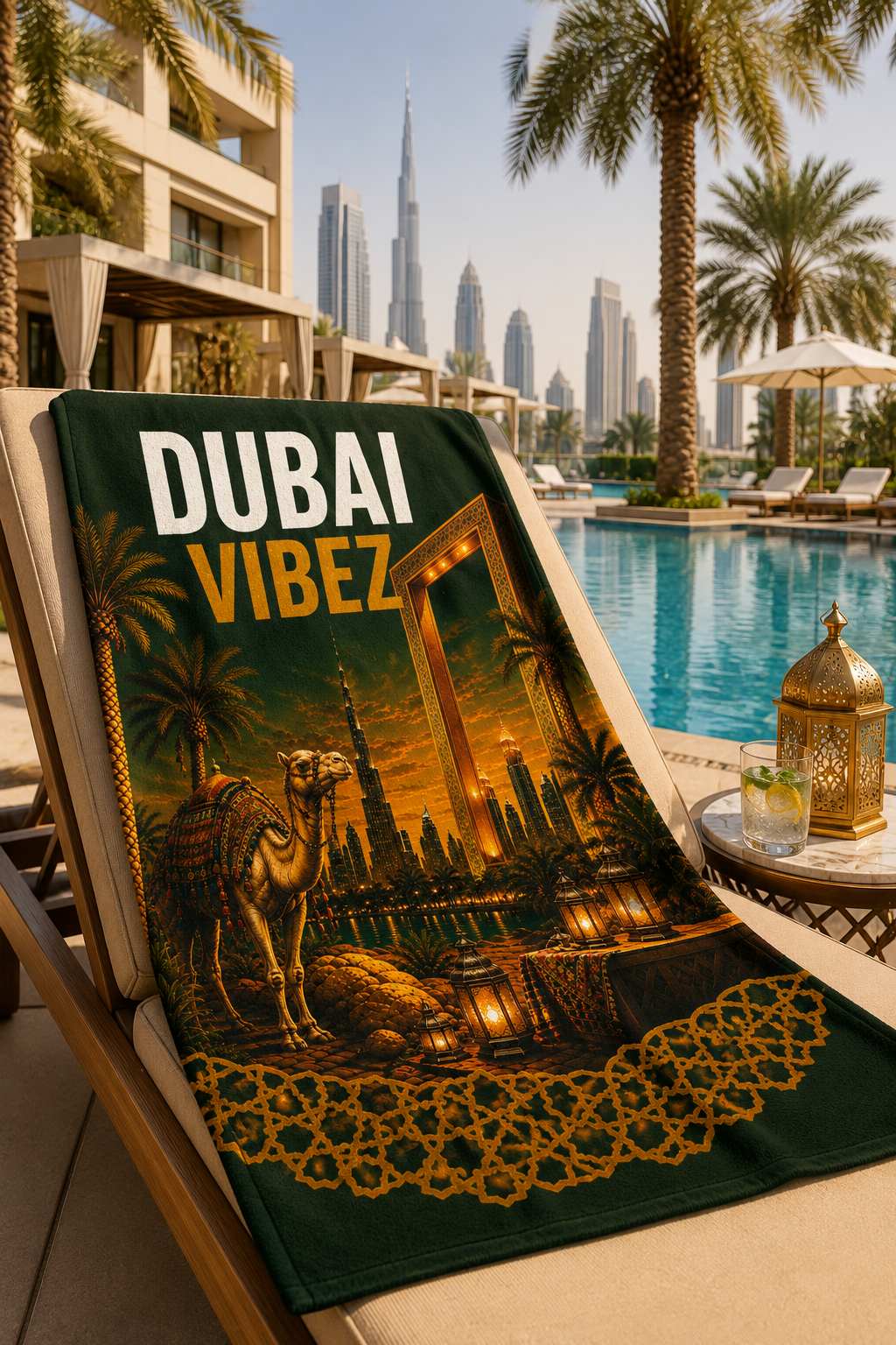 Dubai VIBEZ Towel, Dubai Travel Gift, UAE Souvenir Towel, Camel & Burj Khalifa Design, Bath Beach Pool Hotel Towel, Dubai Decor