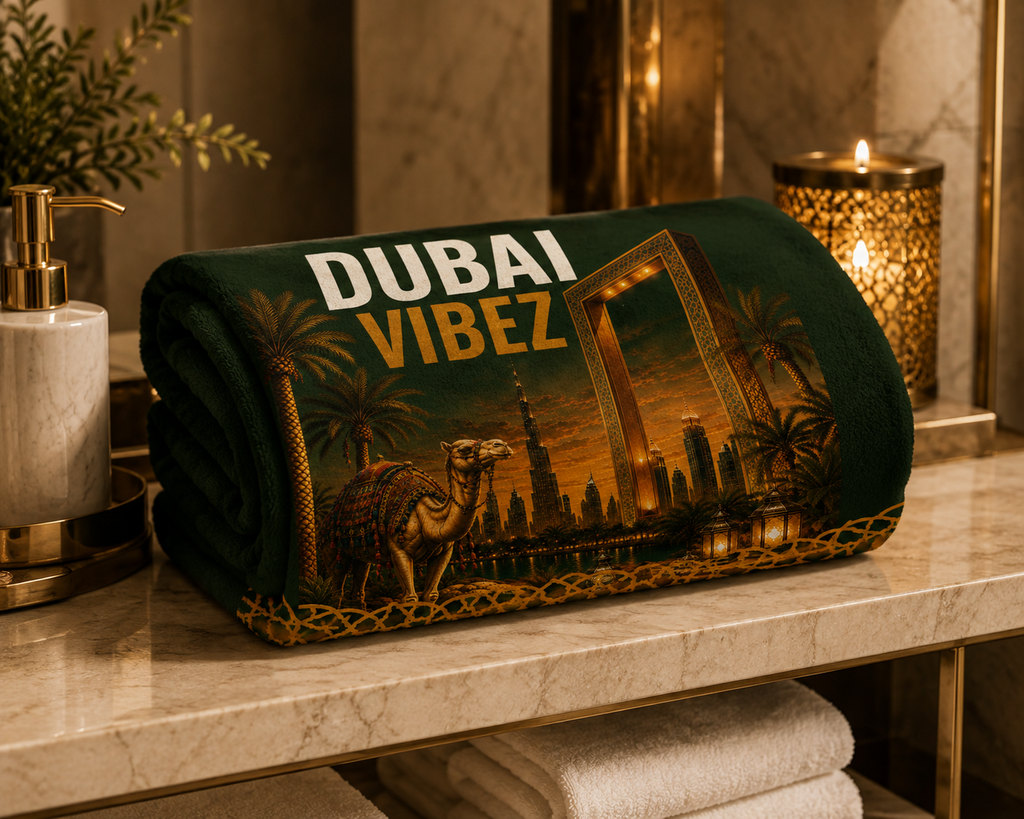 Dubai VIBEZ Towel, Dubai Travel Gift, UAE Souvenir Towel, Camel & Burj Khalifa Design, Bath Beach Pool Hotel Towel, Dubai Decor