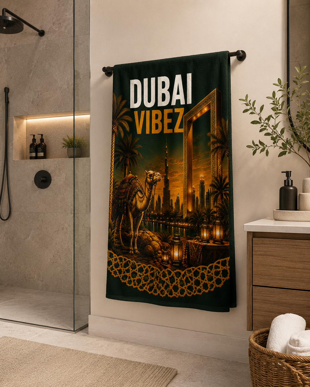 Dubai VIBEZ Towel, Dubai Travel Gift, UAE Souvenir Towel, Camel & Burj Khalifa Design, Bath Beach Pool Hotel Towel, Dubai Decor