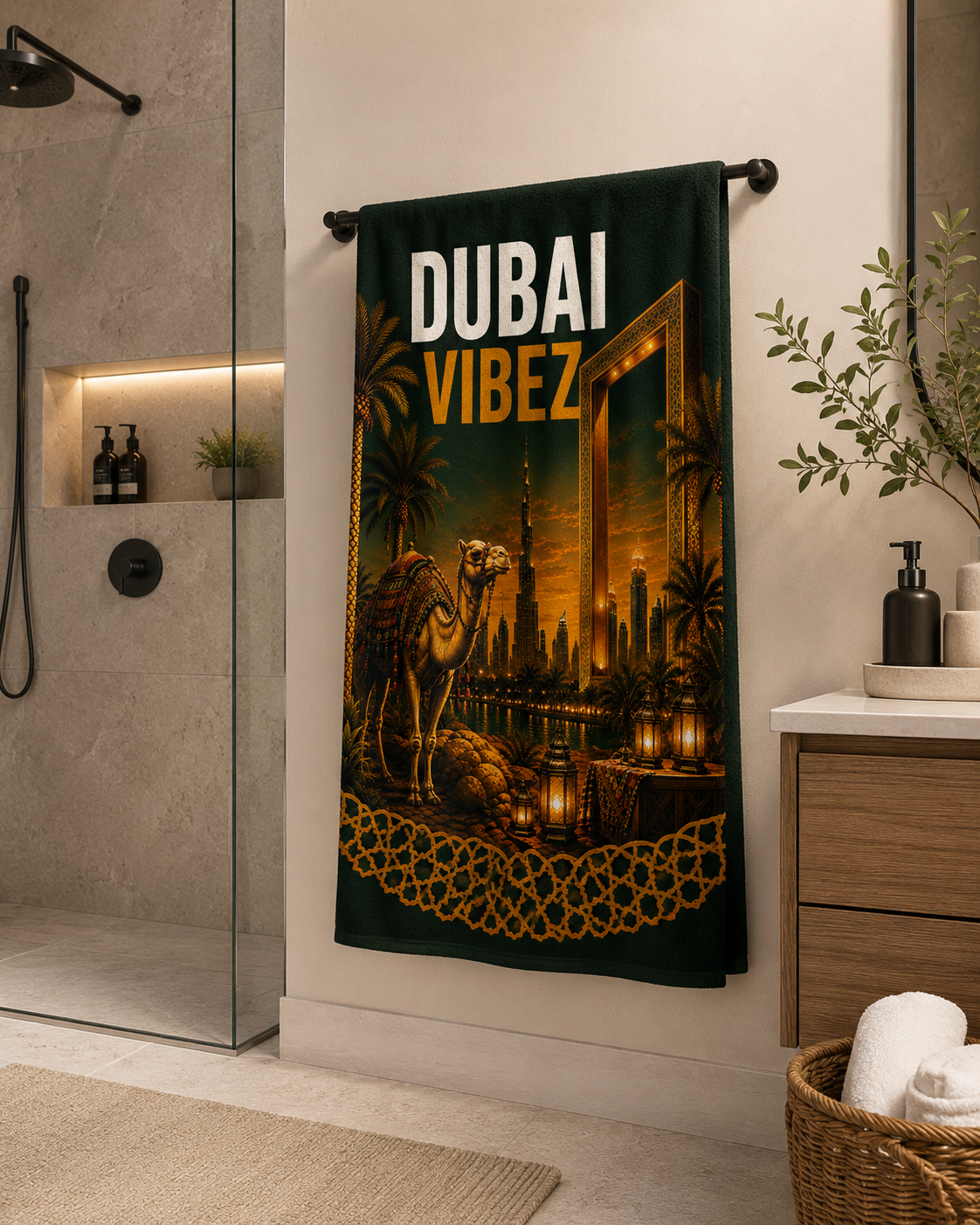 Dubai VIBEZ Towel, Dubai Travel Gift, UAE Souvenir Towel, Camel & Burj Khalifa Design, Bath Beach Pool Hotel Towel, Dubai Decor