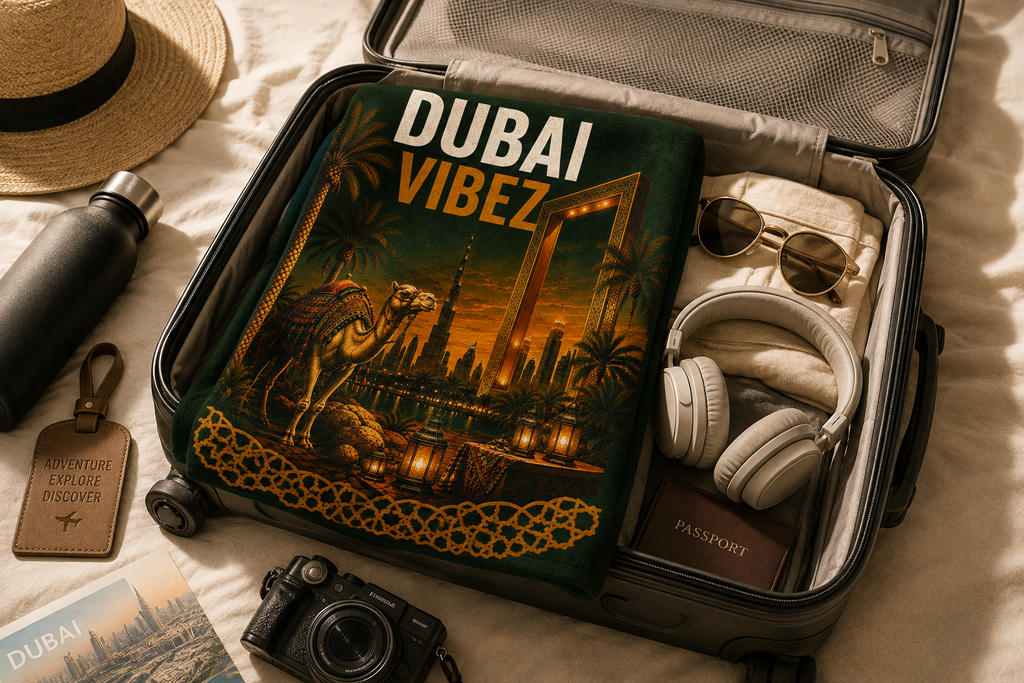 Dubai VIBEZ Towel, Dubai Travel Gift, UAE Souvenir Towel, Camel & Burj Khalifa Design, Bath Beach Pool Hotel Towel, Dubai Decor