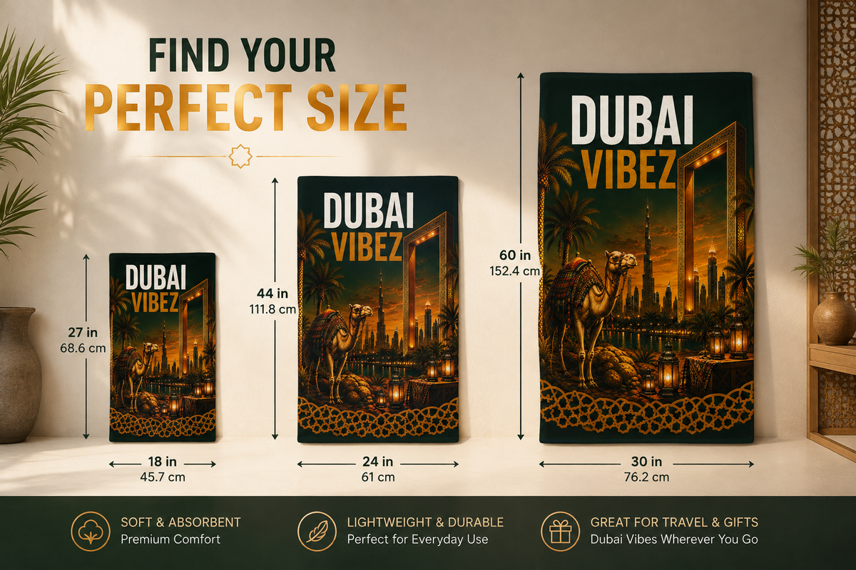 Dubai VIBEZ Towel, Dubai Travel Gift, UAE Souvenir Towel, Camel & Burj Khalifa Design, Bath Beach Pool Hotel Towel, Dubai Decor