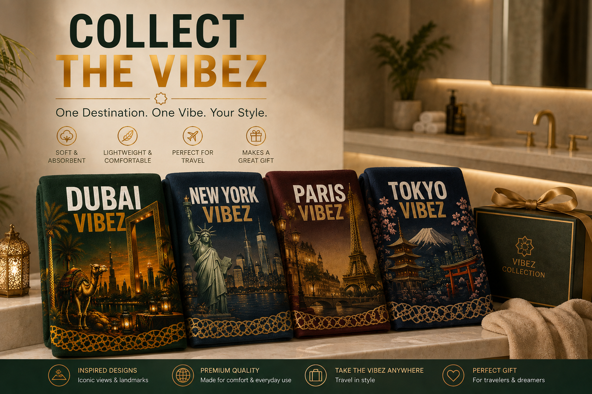 Dubai VIBEZ Towel, Dubai Travel Gift, UAE Souvenir Towel, Camel & Burj Khalifa Design, Bath Beach Pool Hotel Towel, Dubai Decor