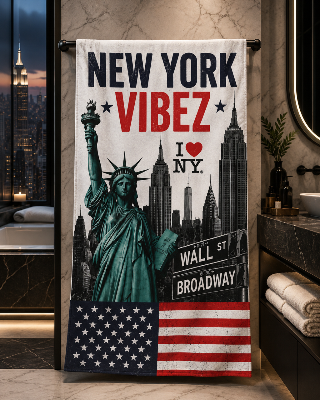 New York VIBEZ Towel, NYC Travel Gift, Statue of Liberty Towel, New York Bathroom Decor, USA Souvenir Towel, Hotel Pool & Bath Towel