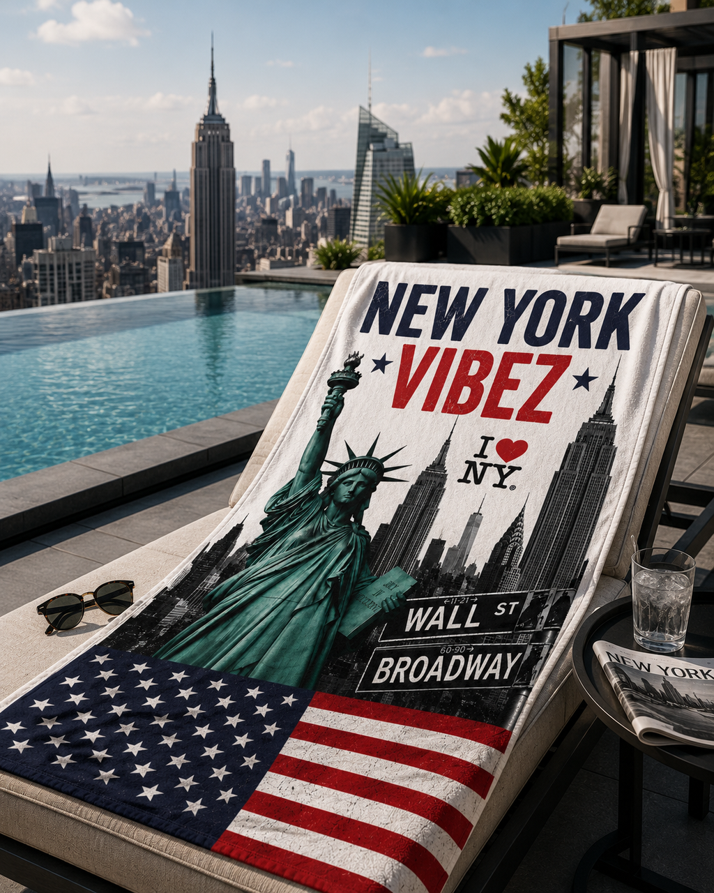New York VIBEZ Towel, NYC Travel Gift, Statue of Liberty Towel, New York Bathroom Decor, USA Souvenir Towel, Hotel Pool & Bath Towel