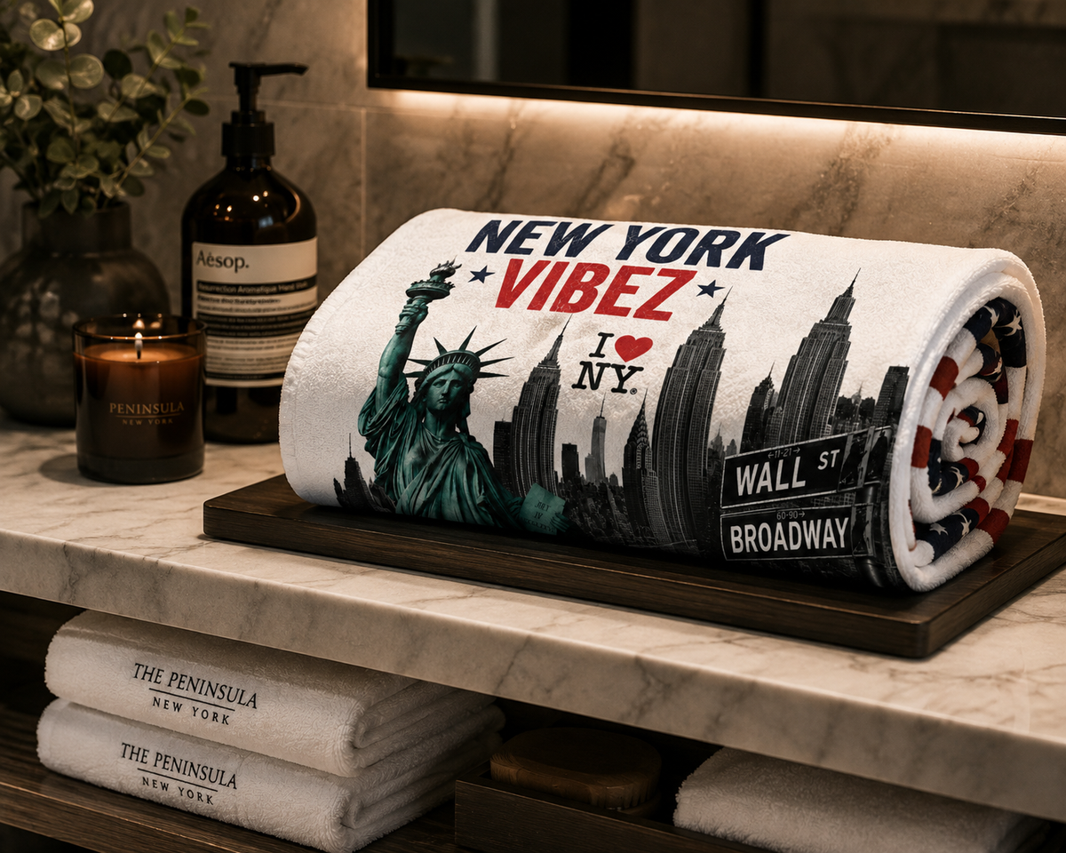 New York VIBEZ Towel, NYC Travel Gift, Statue of Liberty Towel, New York Bathroom Decor, USA Souvenir Towel, Hotel Pool & Bath Towel