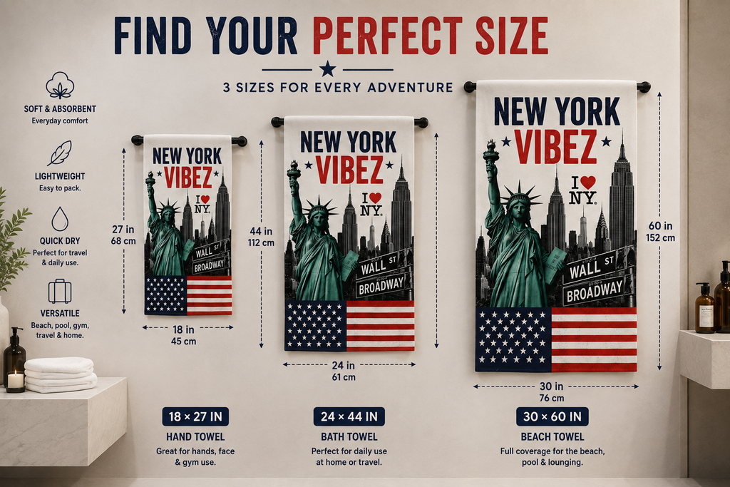 New York VIBEZ Towel, NYC Travel Gift, Statue of Liberty Towel, New York Bathroom Decor, USA Souvenir Towel, Hotel Pool & Bath Towel