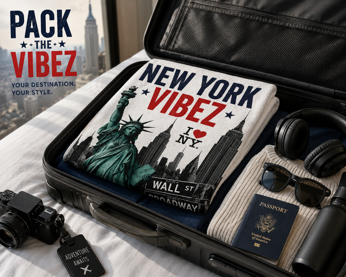 New York VIBEZ Towel, NYC Travel Gift, Statue of Liberty Towel, New York Bathroom Decor, USA Souvenir Towel, Hotel Pool & Bath Towel