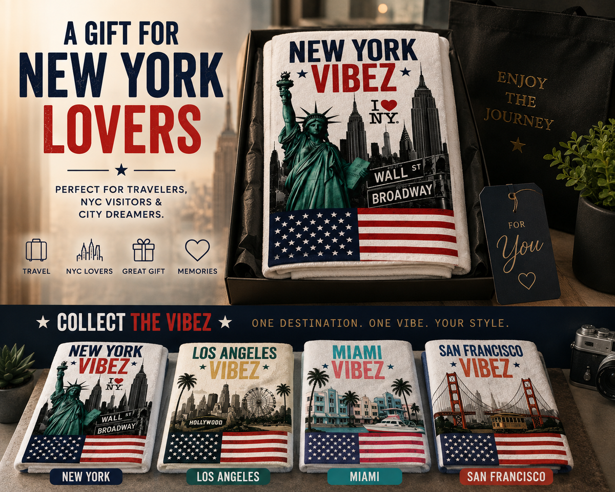 New York VIBEZ Towel, NYC Travel Gift, Statue of Liberty Towel, New York Bathroom Decor, USA Souvenir Towel, Hotel Pool & Bath Towel